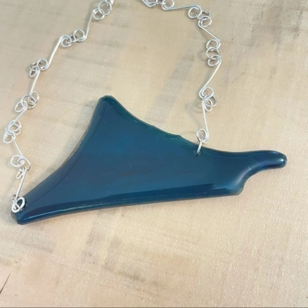 Handmade Iridescent Textured Blue Glass Link Statement Necklace Luxe Unique Gift